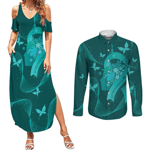 Australia Tourettes Awareness Personalised Couples Matching Summer Maxi Dress and Long Sleeve Button Shirt Butterfly Ribbon Art