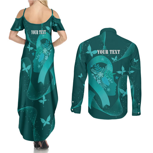 Australia Tourettes Awareness Personalised Couples Matching Summer Maxi Dress and Long Sleeve Button Shirt Butterfly Ribbon Art