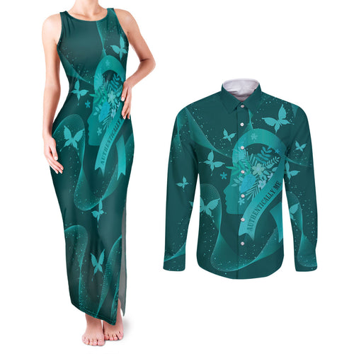 Australia Tourettes Awareness Personalised Couples Matching Tank Maxi Dress and Long Sleeve Button Shirt Butterfly Ribbon Art
