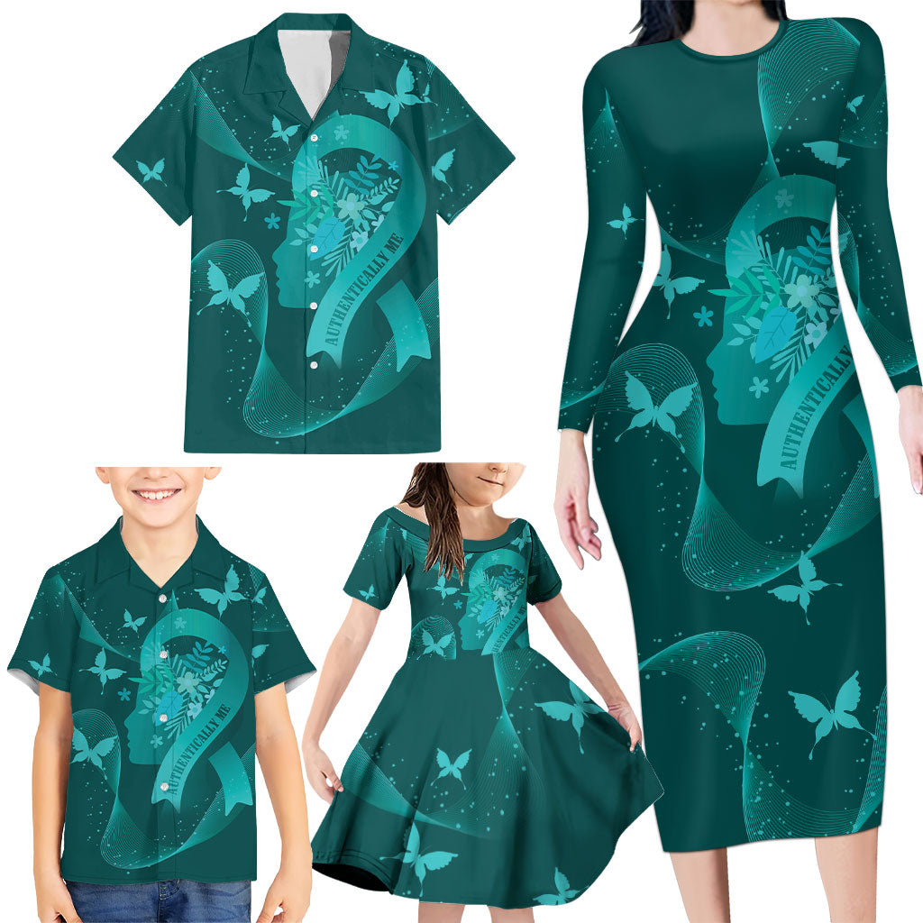 Australia Tourettes Awareness Personalised Family Matching Long Sleeve Bodycon Dress and Hawaiian Shirt Butterfly Ribbon Art
