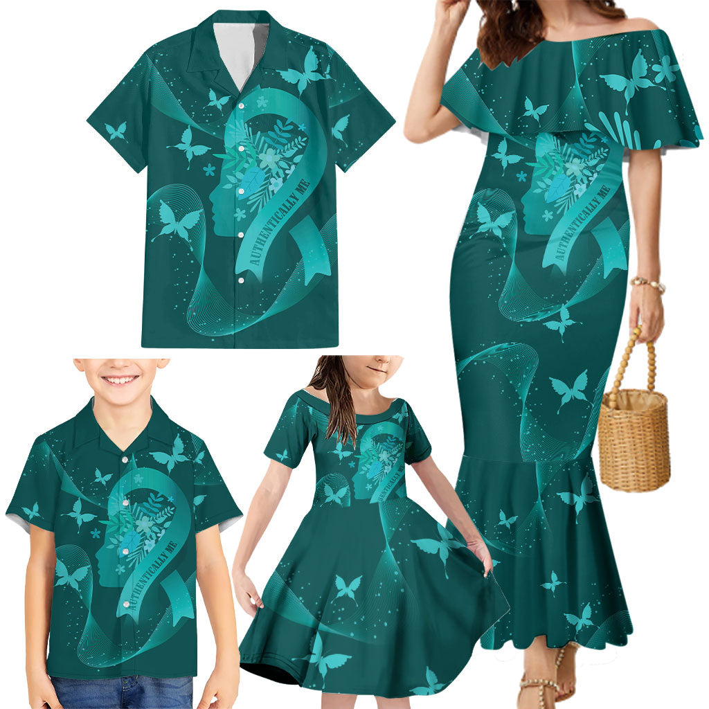 Australia Tourettes Awareness Personalised Family Matching Mermaid Dress and Hawaiian Shirt Butterfly Ribbon Art