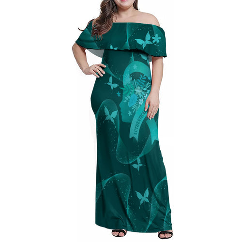 Australia Tourettes Awareness Personalised Family Matching Off Shoulder Maxi Dress and Hawaiian Shirt Butterfly Ribbon Art