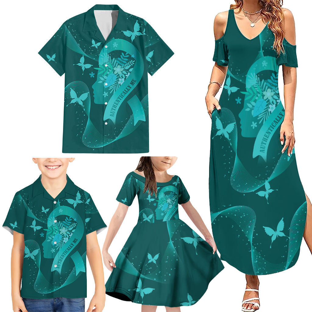 Australia Tourettes Awareness Personalised Family Matching Summer Maxi Dress and Hawaiian Shirt Butterfly Ribbon Art