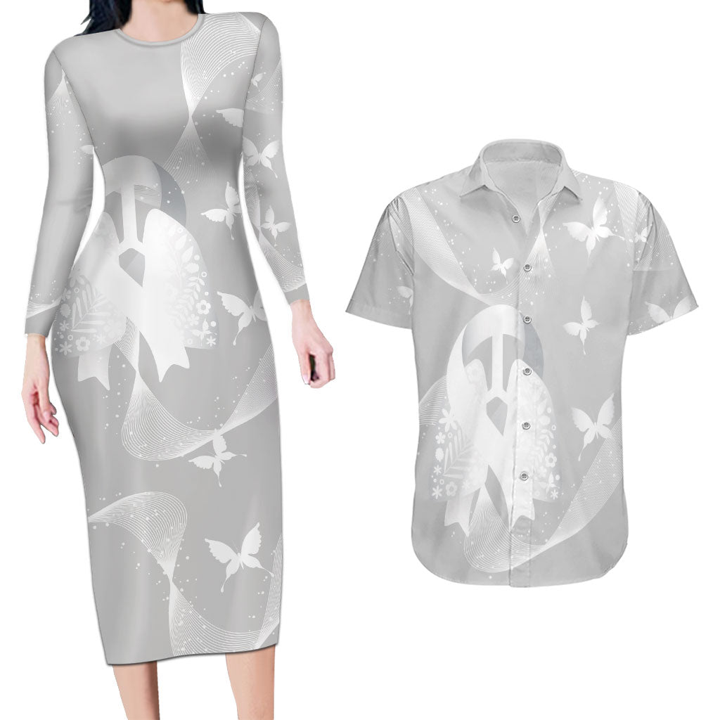 Australia Lung Cancer Awareness Personalised Couples Matching Long Sleeve Bodycon Dress and Hawaiian Shirt Butterfly Ribbon Art