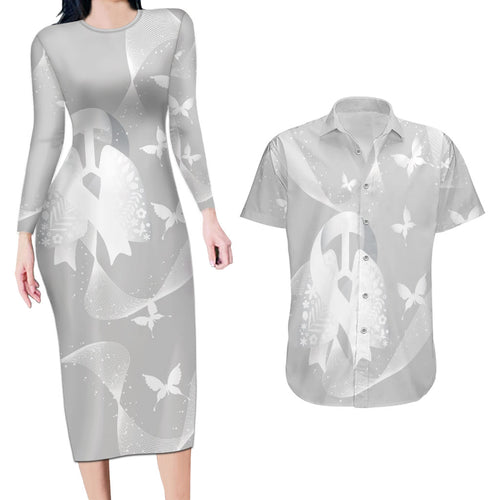 Australia Lung Cancer Awareness Personalised Couples Matching Long Sleeve Bodycon Dress and Hawaiian Shirt Butterfly Ribbon Art