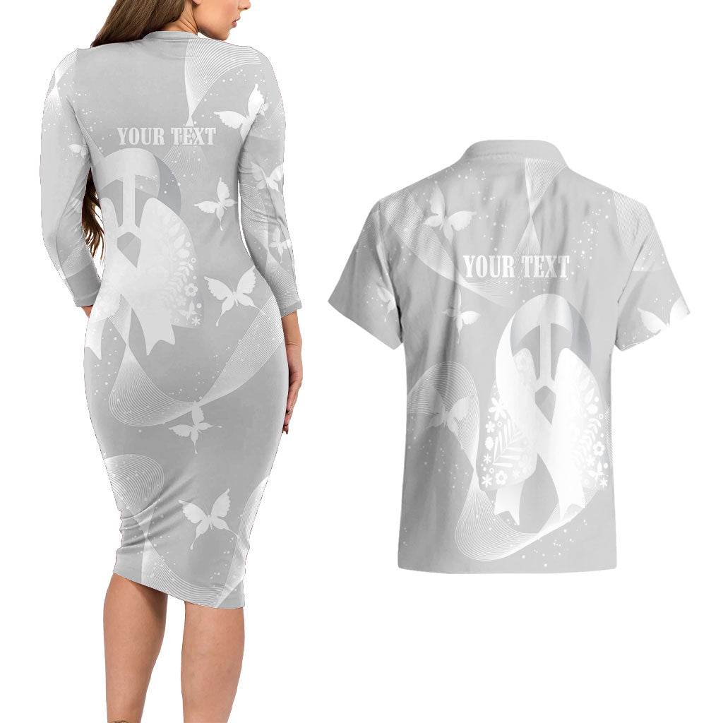 Australia Lung Cancer Awareness Personalised Couples Matching Long Sleeve Bodycon Dress and Hawaiian Shirt Butterfly Ribbon Art