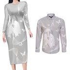 Australia Lung Cancer Awareness Personalised Couples Matching Long Sleeve Bodycon Dress and Long Sleeve Button Shirt Butterfly Ribbon Art