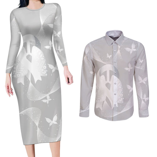 Australia Lung Cancer Awareness Personalised Couples Matching Long Sleeve Bodycon Dress and Long Sleeve Button Shirt Butterfly Ribbon Art