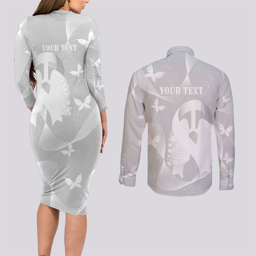 Australia Lung Cancer Awareness Personalised Couples Matching Long Sleeve Bodycon Dress and Long Sleeve Button Shirt Butterfly Ribbon Art