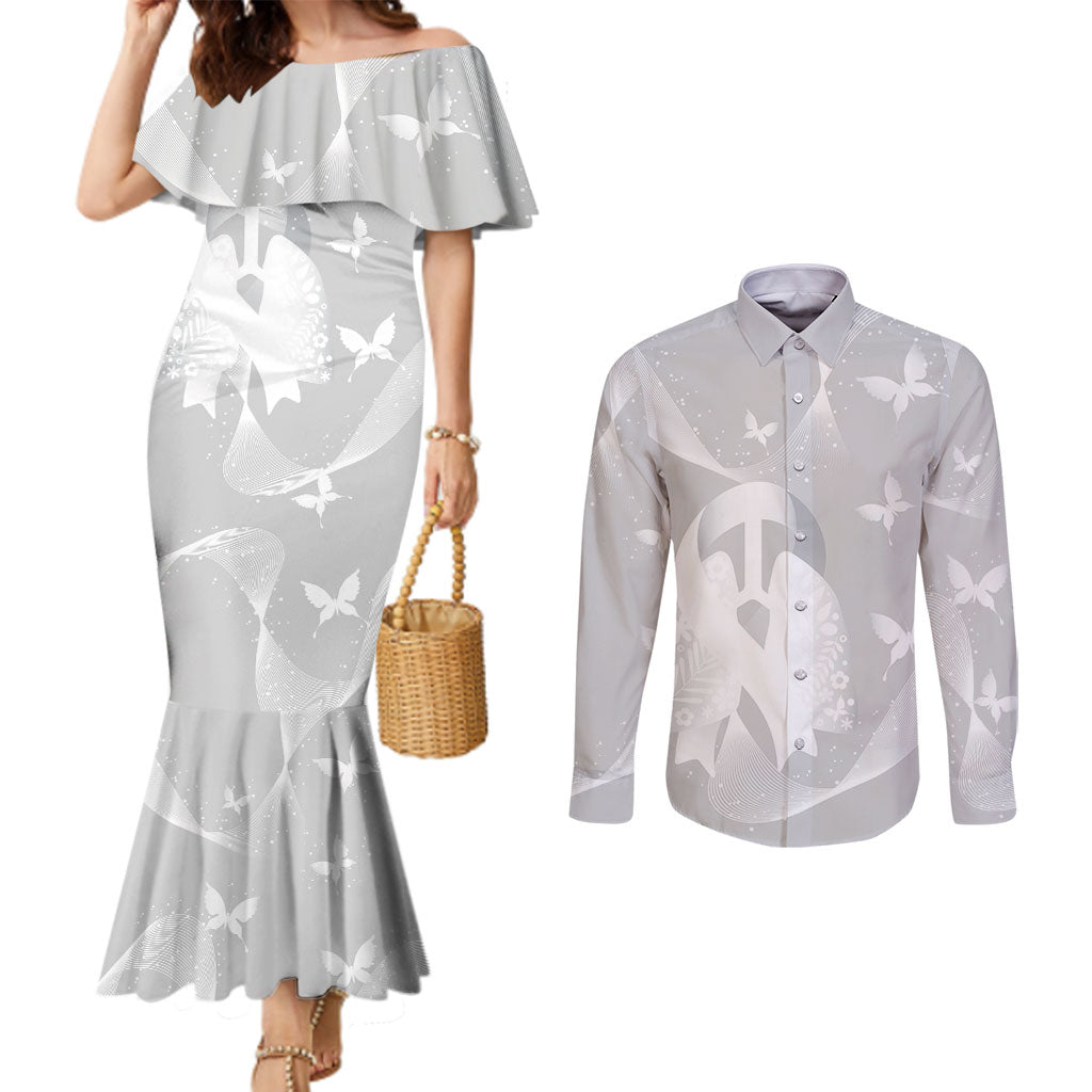 Australia Lung Cancer Awareness Personalised Couples Matching Mermaid Dress and Long Sleeve Button Shirt Butterfly Ribbon Art