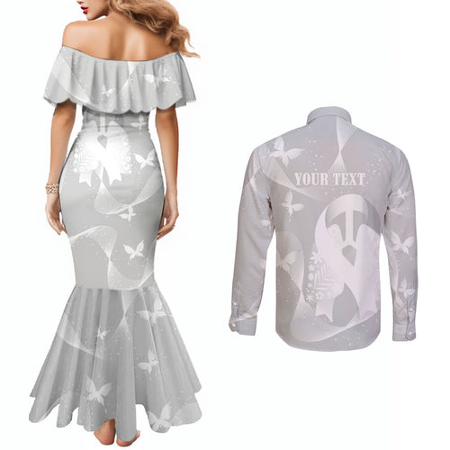 Australia Lung Cancer Awareness Personalised Couples Matching Mermaid Dress and Long Sleeve Button Shirt Butterfly Ribbon Art