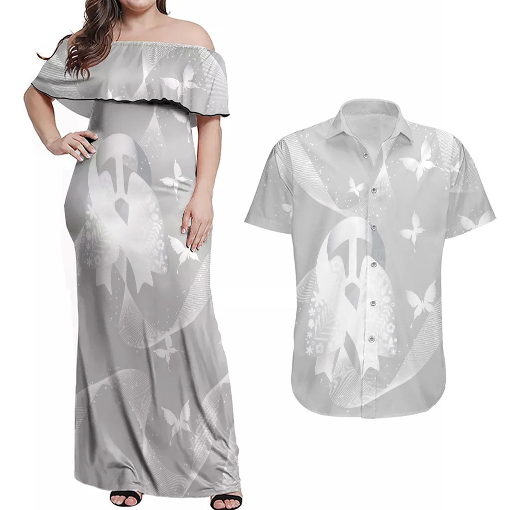 Australia Lung Cancer Awareness Personalised Couples Matching Off Shoulder Maxi Dress and Hawaiian Shirt Butterfly Ribbon Art