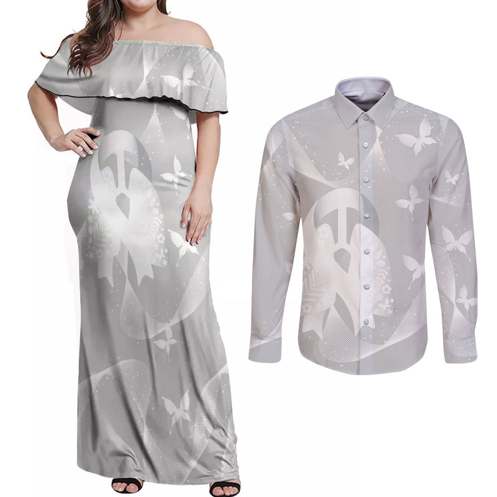 Australia Lung Cancer Awareness Personalised Couples Matching Off Shoulder Maxi Dress and Long Sleeve Button Shirt Butterfly Ribbon Art