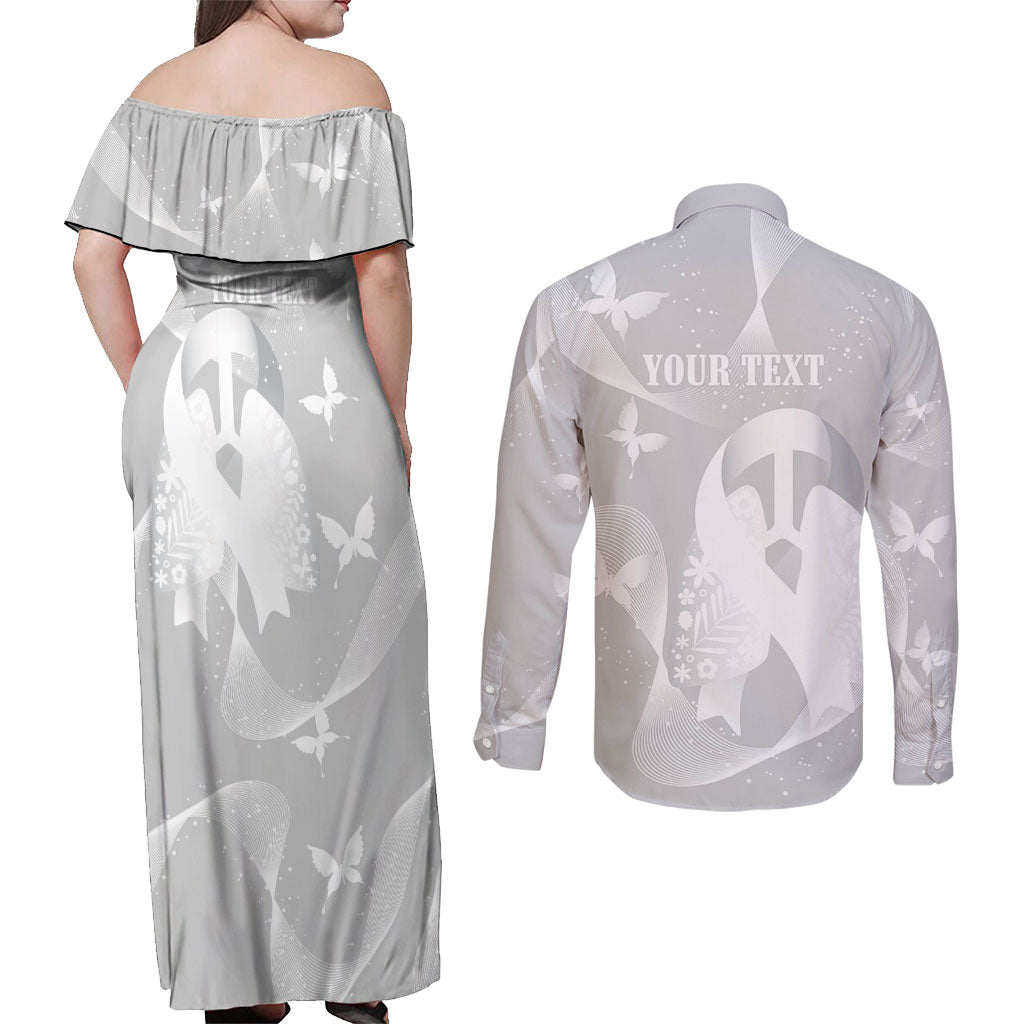 Australia Lung Cancer Awareness Personalised Couples Matching Off Shoulder Maxi Dress and Long Sleeve Button Shirt Butterfly Ribbon Art