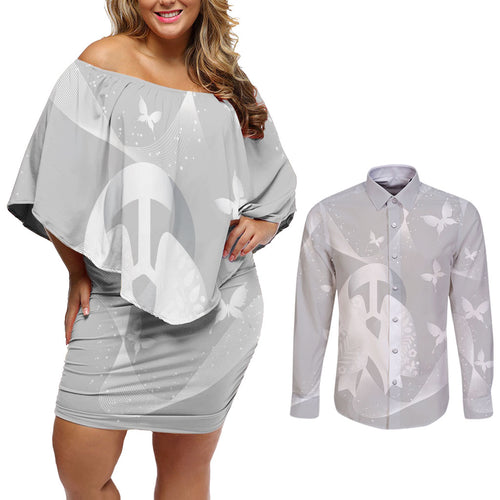 Australia Lung Cancer Awareness Personalised Couples Matching Off Shoulder Short Dress and Long Sleeve Button Shirt Butterfly Ribbon Art
