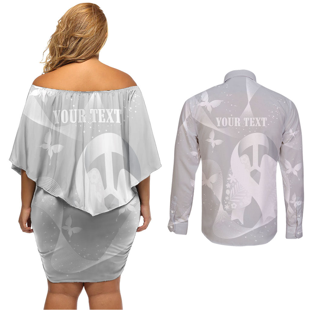 Australia Lung Cancer Awareness Personalised Couples Matching Off Shoulder Short Dress and Long Sleeve Button Shirt Butterfly Ribbon Art