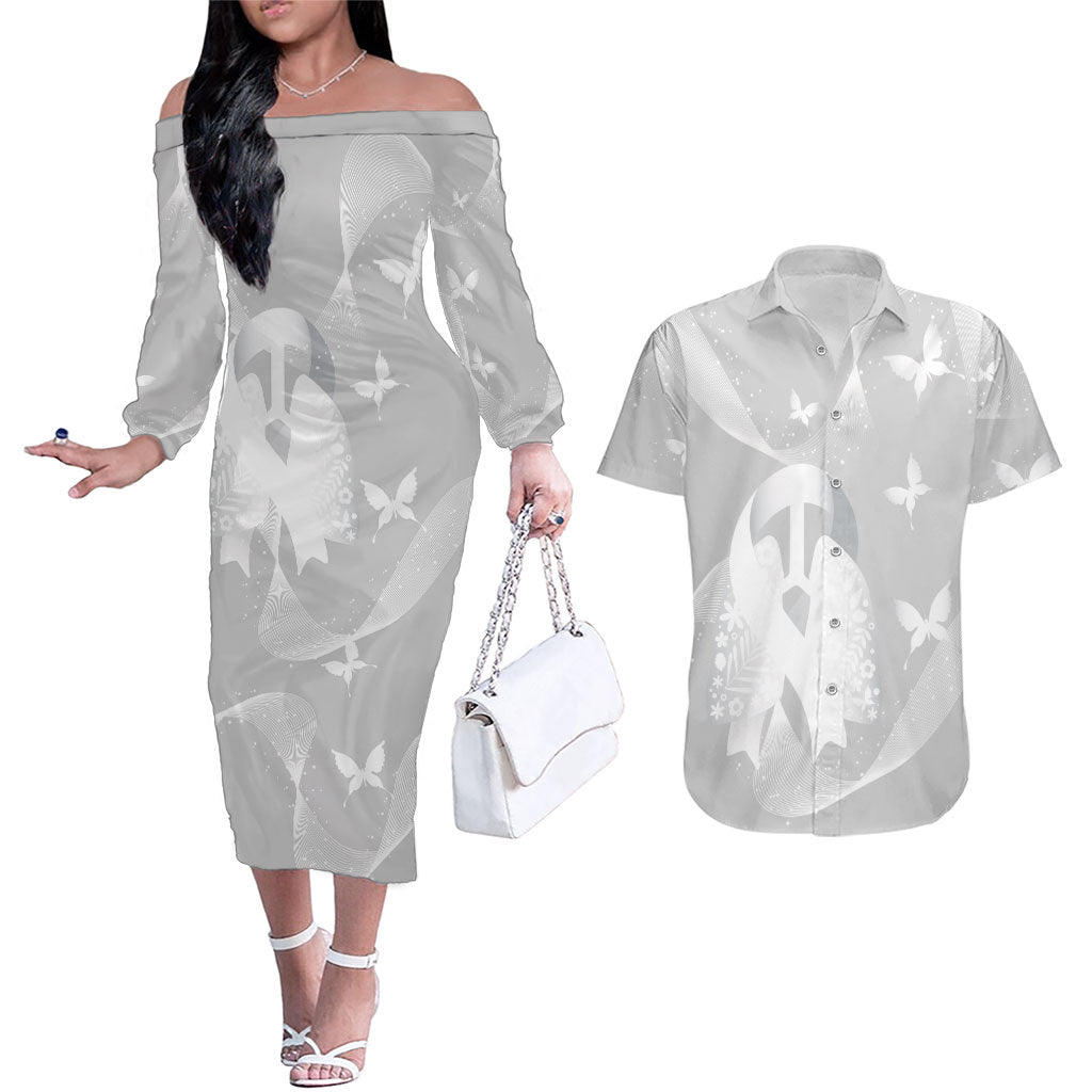 Australia Lung Cancer Awareness Personalised Couples Matching Off The Shoulder Long Sleeve Dress and Hawaiian Shirt Butterfly Ribbon Art