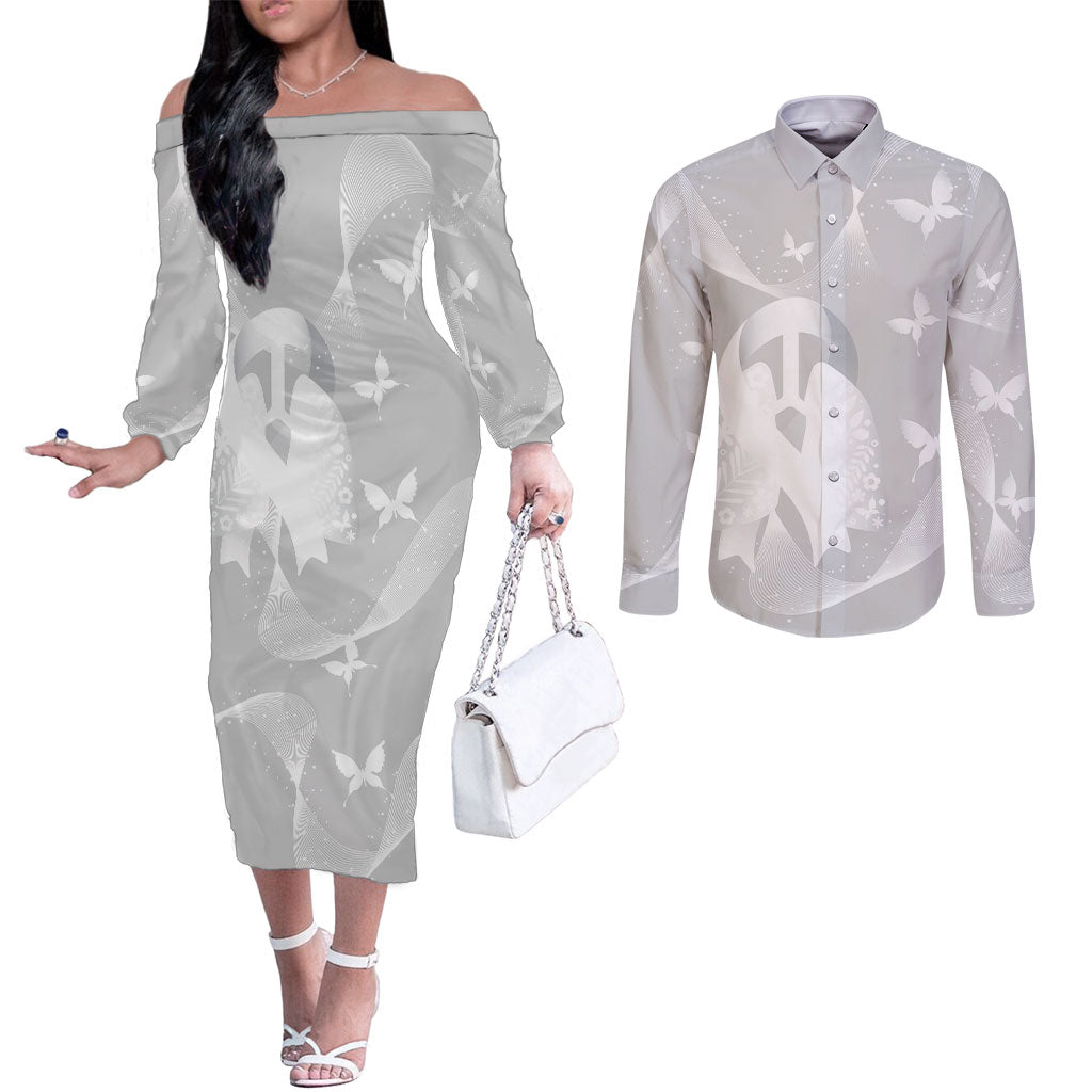 Australia Lung Cancer Awareness Personalised Couples Matching Off The Shoulder Long Sleeve Dress and Long Sleeve Button Shirt Butterfly Ribbon Art