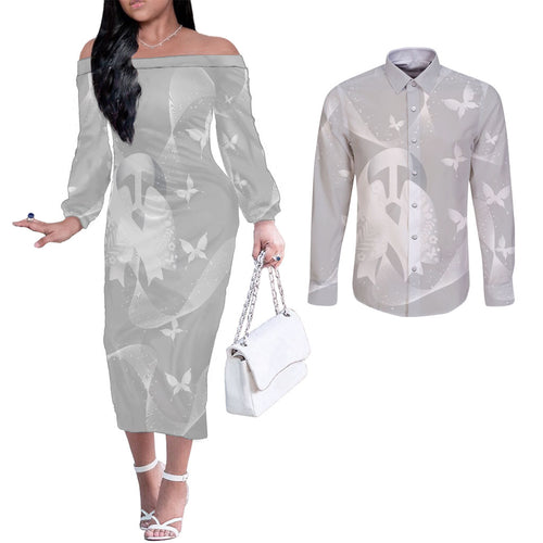 Australia Lung Cancer Awareness Personalised Couples Matching Off The Shoulder Long Sleeve Dress and Long Sleeve Button Shirt Butterfly Ribbon Art