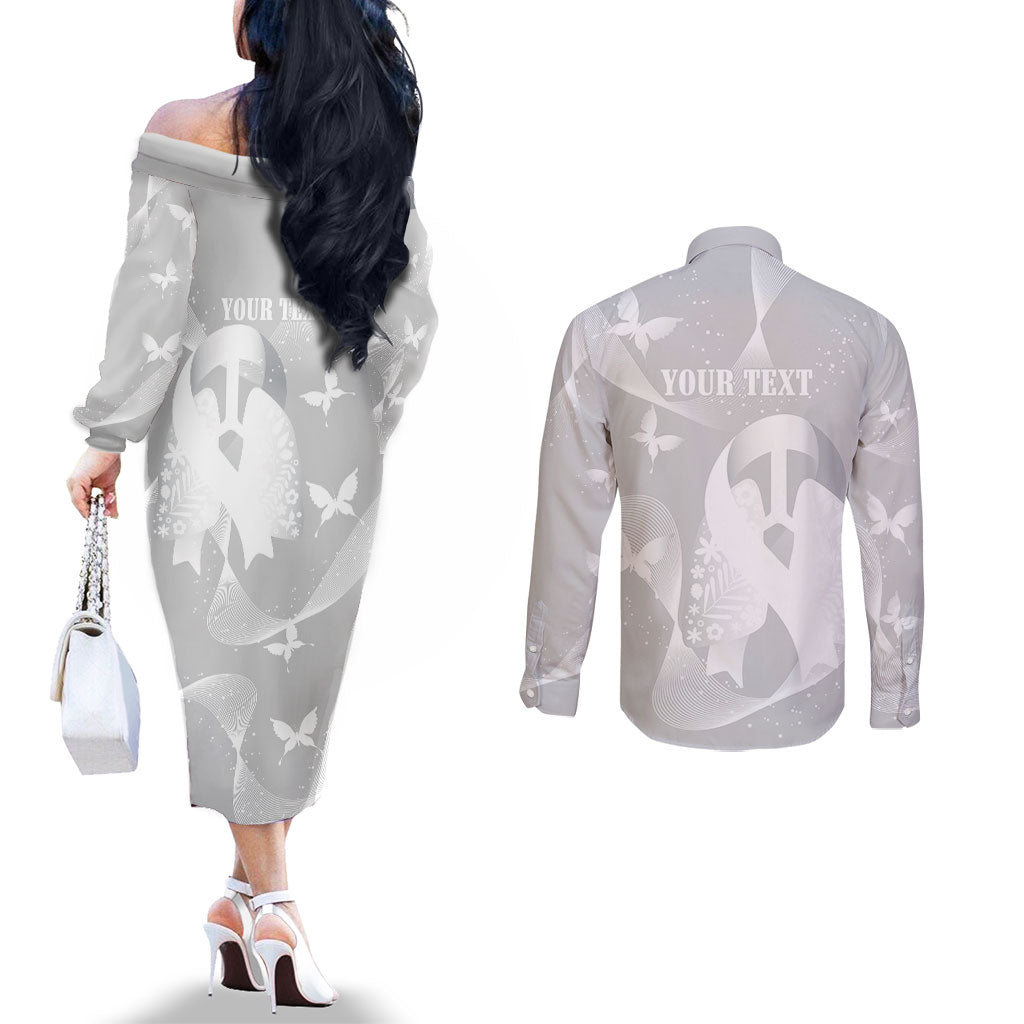 Australia Lung Cancer Awareness Personalised Couples Matching Off The Shoulder Long Sleeve Dress and Long Sleeve Button Shirt Butterfly Ribbon Art