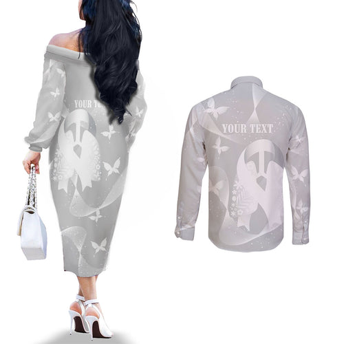 Australia Lung Cancer Awareness Personalised Couples Matching Off The Shoulder Long Sleeve Dress and Long Sleeve Button Shirt Butterfly Ribbon Art