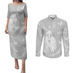 Australia Lung Cancer Awareness Personalised Couples Matching Puletasi and Long Sleeve Button Shirt Butterfly Ribbon Art