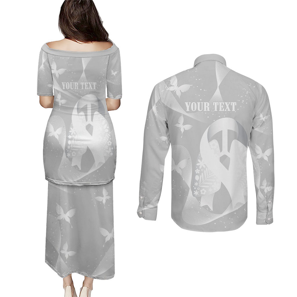 Australia Lung Cancer Awareness Personalised Couples Matching Puletasi and Long Sleeve Button Shirt Butterfly Ribbon Art
