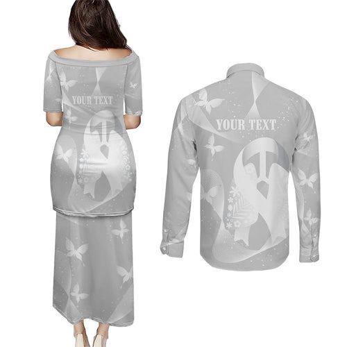 Australia Lung Cancer Awareness Personalised Couples Matching Puletasi and Long Sleeve Button Shirt Butterfly Ribbon Art