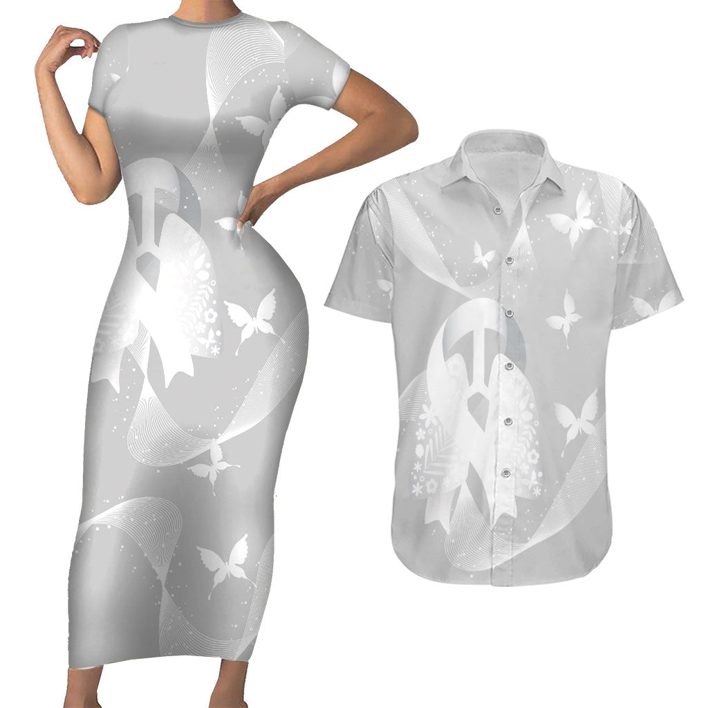Australia Lung Cancer Awareness Personalised Couples Matching Short Sleeve Bodycon Dress and Hawaiian Shirt Butterfly Ribbon Art