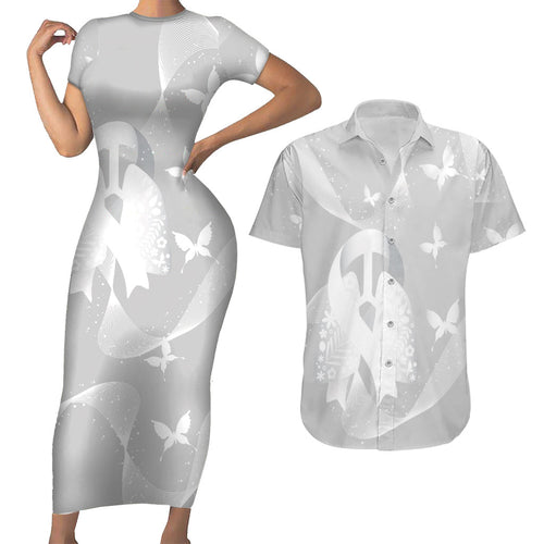 Australia Lung Cancer Awareness Personalised Couples Matching Short Sleeve Bodycon Dress and Hawaiian Shirt Butterfly Ribbon Art