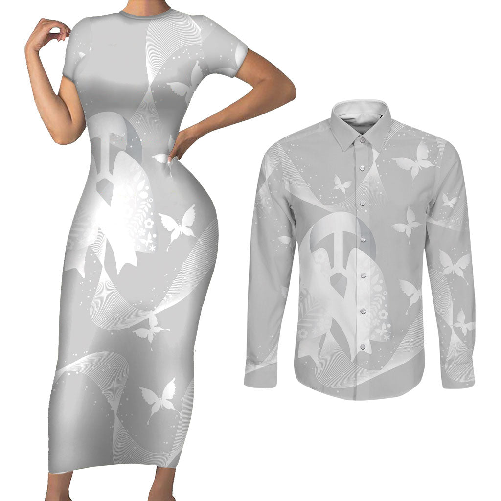 Australia Lung Cancer Awareness Personalised Couples Matching Short Sleeve Bodycon Dress and Long Sleeve Button Shirt Butterfly Ribbon Art