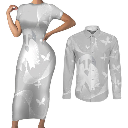 Australia Lung Cancer Awareness Personalised Couples Matching Short Sleeve Bodycon Dress and Long Sleeve Button Shirt Butterfly Ribbon Art