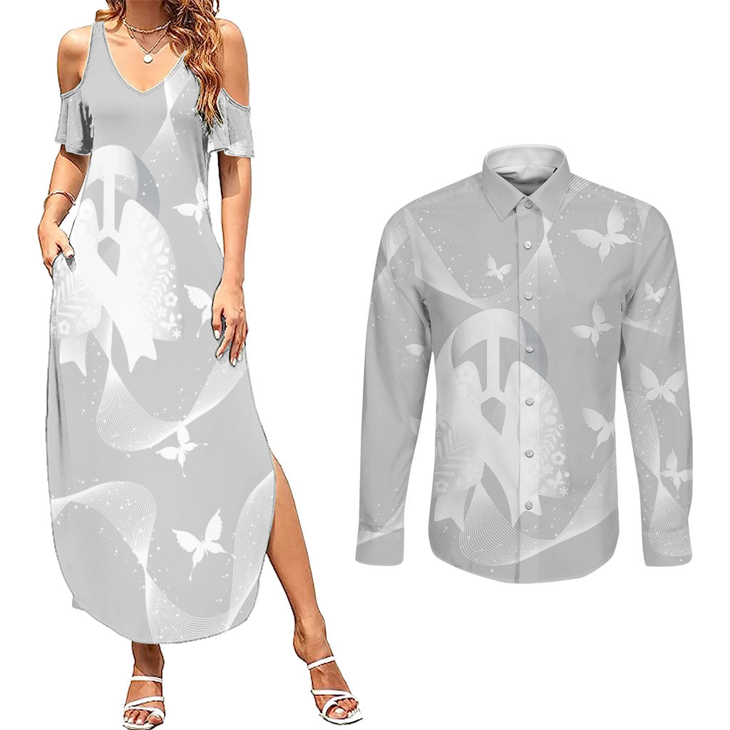 Australia Lung Cancer Awareness Personalised Couples Matching Summer Maxi Dress and Long Sleeve Button Shirt Butterfly Ribbon Art