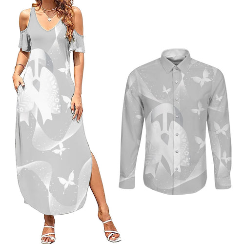 Australia Lung Cancer Awareness Personalised Couples Matching Summer Maxi Dress and Long Sleeve Button Shirt Butterfly Ribbon Art