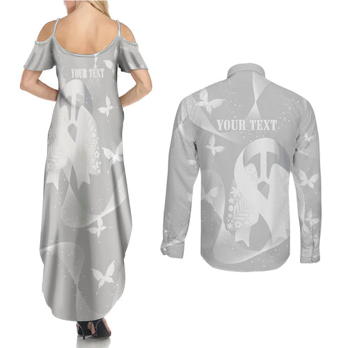 Australia Lung Cancer Awareness Personalised Couples Matching Summer Maxi Dress and Long Sleeve Button Shirt Butterfly Ribbon Art