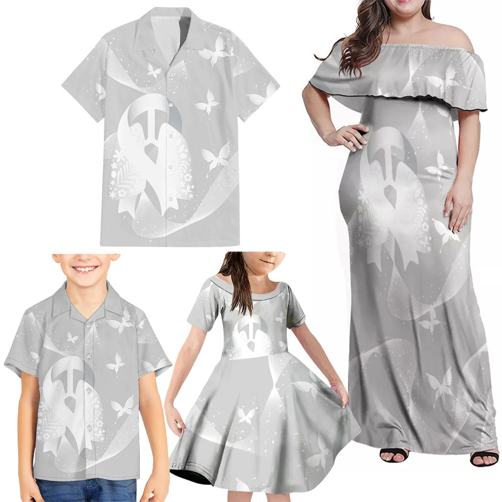 Australia Lung Cancer Awareness Personalised Family Matching Off Shoulder Maxi Dress and Hawaiian Shirt Butterfly Ribbon Art
