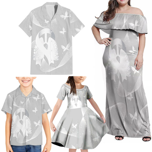 Australia Lung Cancer Awareness Personalised Family Matching Off Shoulder Maxi Dress and Hawaiian Shirt Butterfly Ribbon Art