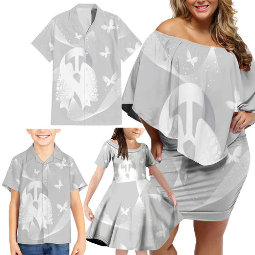 Australia Lung Cancer Awareness Personalised Family Matching Off Shoulder Short Dress and Hawaiian Shirt Butterfly Ribbon Art