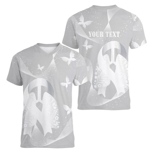 Australia Lung Cancer Awareness Personalised Women V-Neck T-Shirt Butterfly Ribbon Art