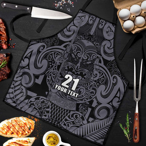 Custom New Zealand Taiaha Maori Apron Minimalist Silver Fern All Black - Aussie Hoodie