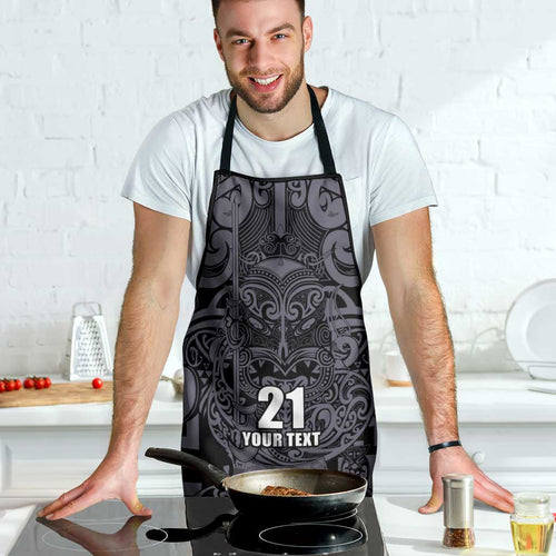 Custom New Zealand Taiaha Maori Apron Minimalist Silver Fern All Black - Aussie Hoodie