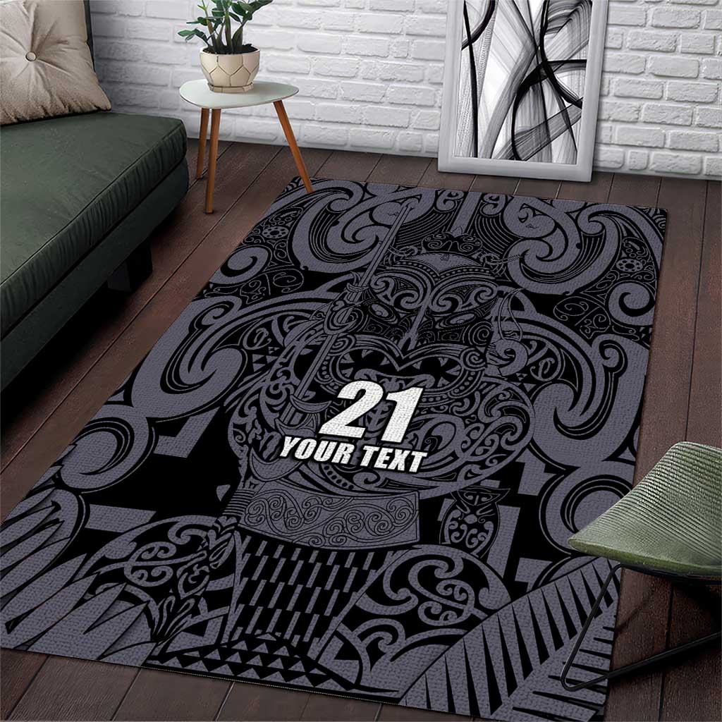 Custom New Zealand Taiaha Maori Area Rug Minimalist Silver Fern All Black - Aussie Hoodie