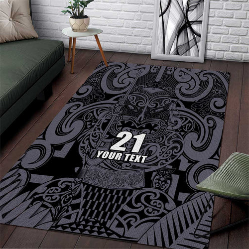 Custom New Zealand Taiaha Maori Area Rug Minimalist Silver Fern All Black - Aussie Hoodie