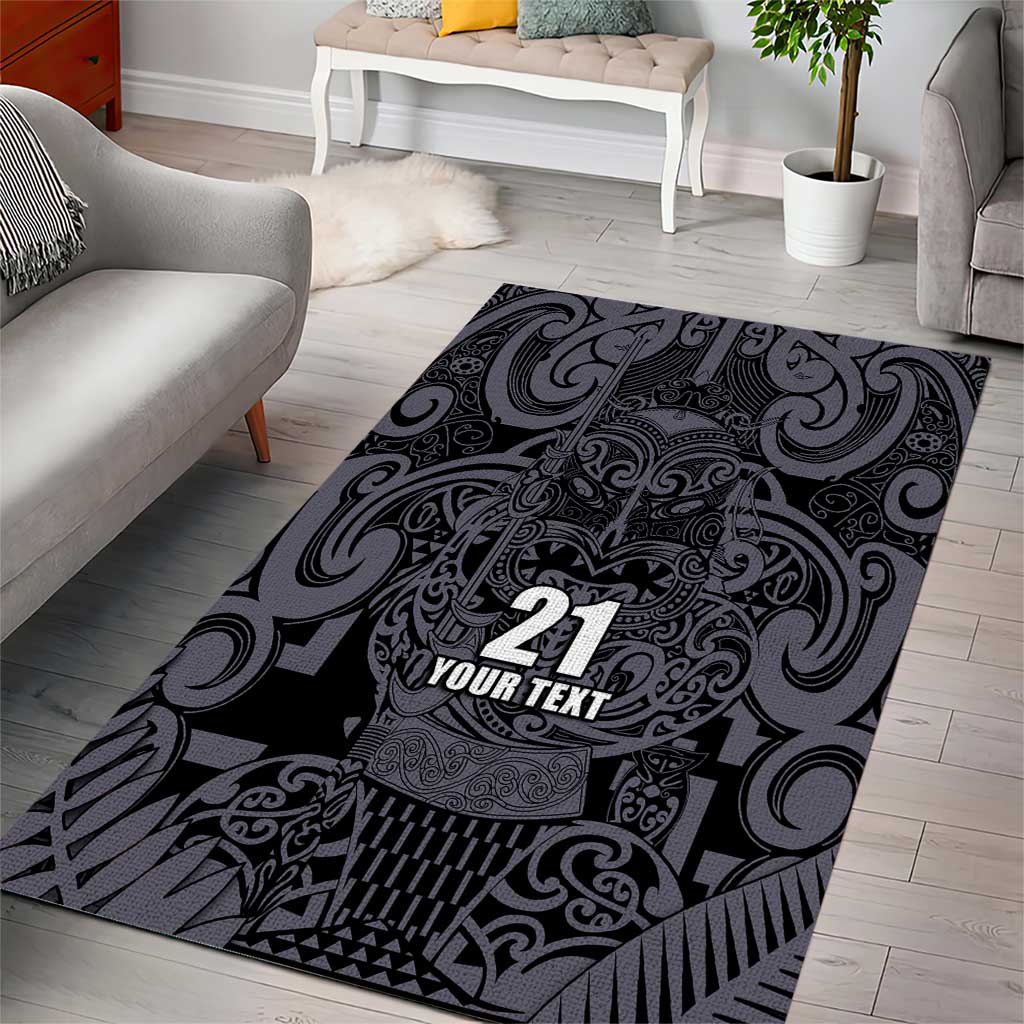 Custom New Zealand Taiaha Maori Area Rug Minimalist Silver Fern All Black - Aussie Hoodie