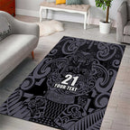 Custom New Zealand Taiaha Maori Area Rug Minimalist Silver Fern All Black - Aussie Hoodie