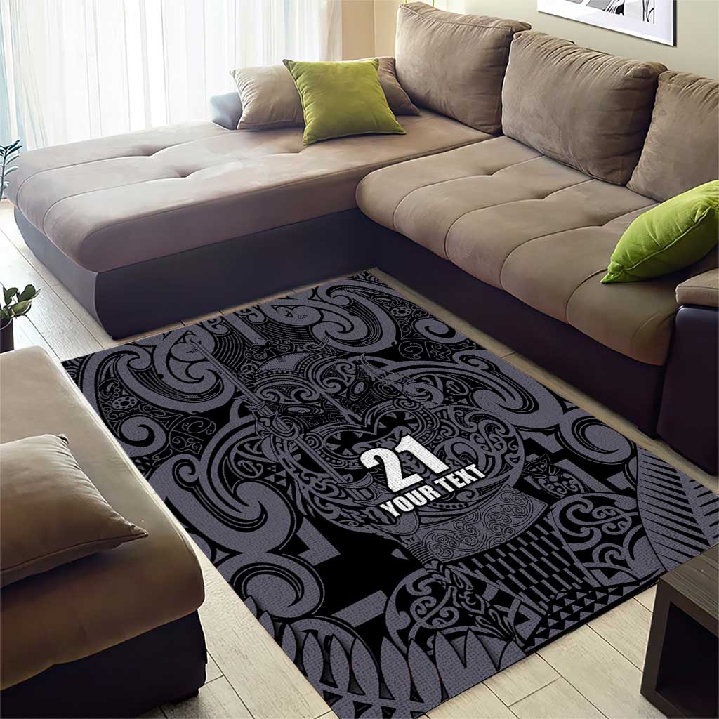 Custom New Zealand Taiaha Maori Area Rug Minimalist Silver Fern All Black - Aussie Hoodie