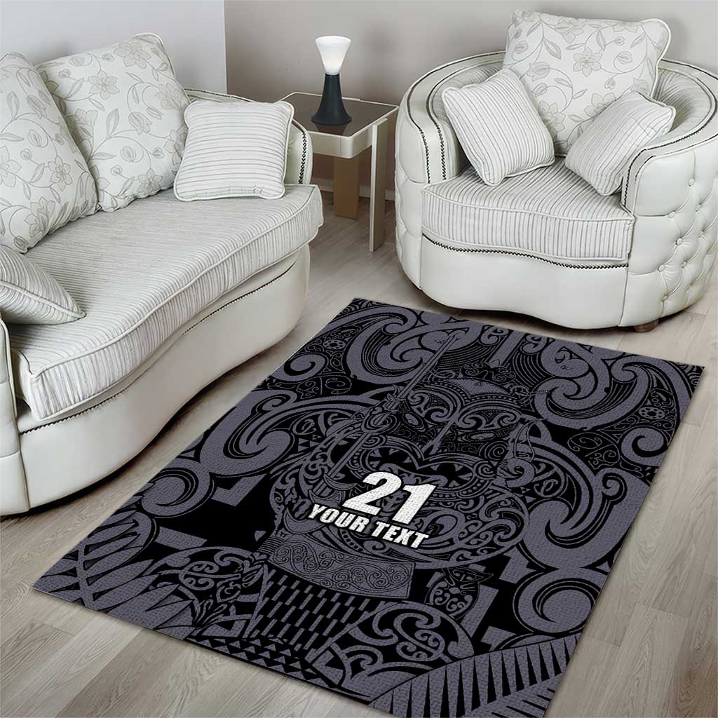 Custom New Zealand Taiaha Maori Area Rug Minimalist Silver Fern All Black - Aussie Hoodie