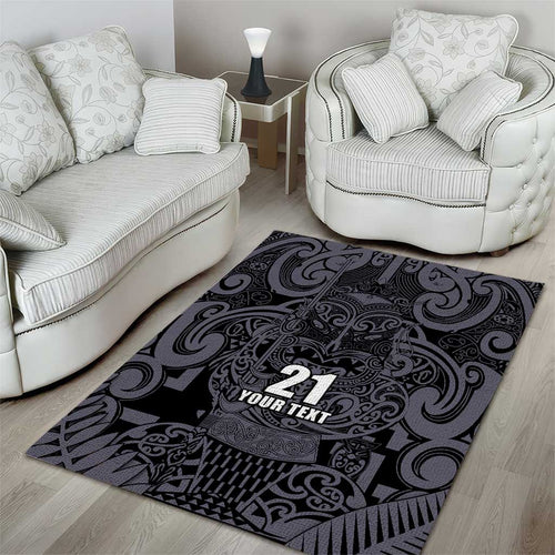 Custom New Zealand Taiaha Maori Area Rug Minimalist Silver Fern All Black - Aussie Hoodie