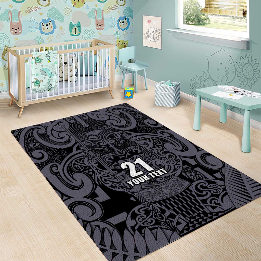 Custom New Zealand Taiaha Maori Area Rug Minimalist Silver Fern All Black - Aussie Hoodie