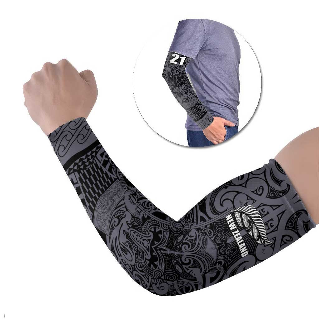 Custom New Zealand Taiaha Maori Arm Sleeves Minimalist Silver Fern All Black - Aussie Hoodie